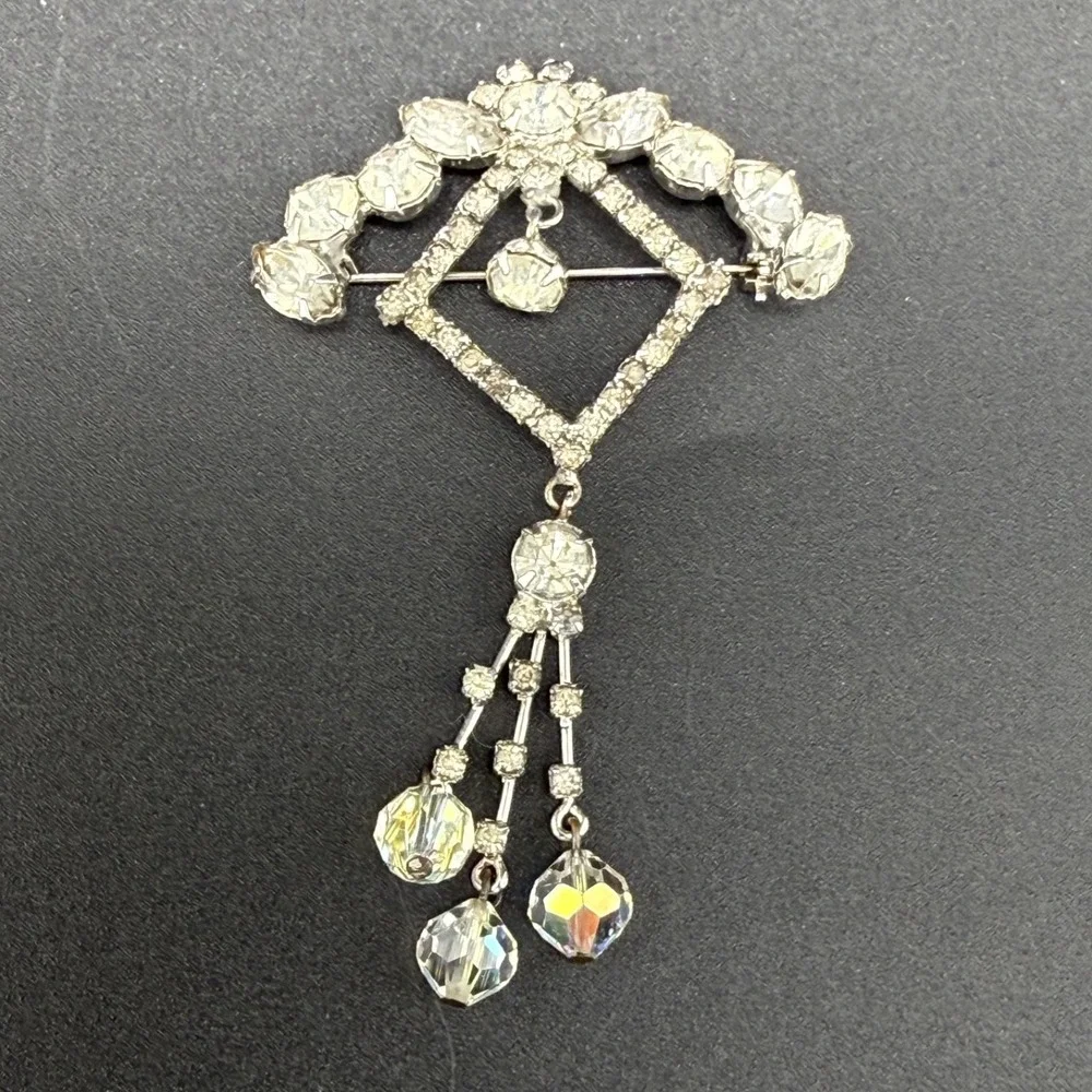 Vintage Estate Rhinestone Brooch Silver Tone Dangle AB Crystal Unique